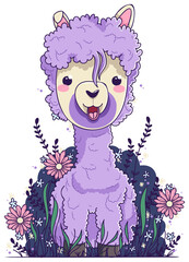 Cartoon alpaca with purple wool is standing among wildflowers, flat, transparent bg, copy space