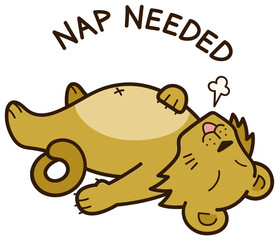 Flat cartoon lion is lying on back paws up sighing, NAP NEEDED text on transparent background