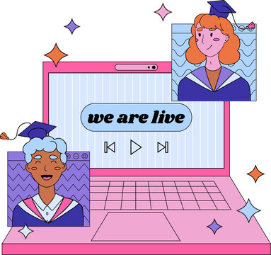 Naklejki Pink laptop is showing live grad feed in flat UI with chat windows, stars, transparent background