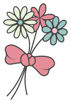Fototapeta Flat vector showing pastel daisy bouquet, pink ribbon bow, white outline, transparent background