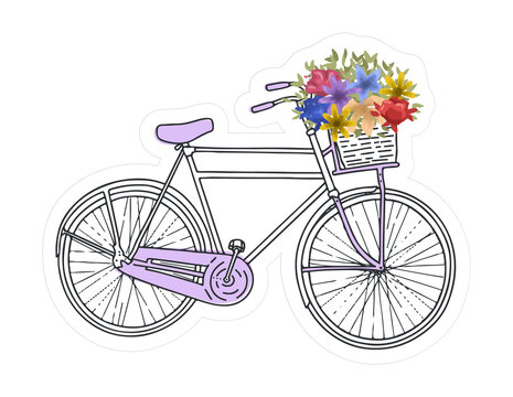 Fototapeta Bicycle line art is showing wicker basket holding colorful flowers on transparent backdrop