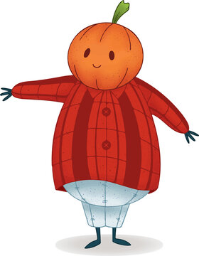 Fototapeta Pumpkin-headed figure is wearing plaid sweater, blue pants in flat design, transparent background