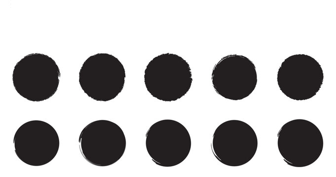 Set of black grunge circles shapes on a white background. Grunge round shapes. Set of circle, grunge, black paint, ink, dirty brush strokes. Grunge banner collection. Vector illustration. 