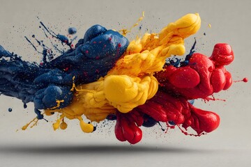 Vibrant paint splash of primary colors on transparent background