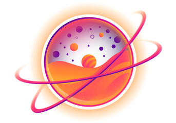 Flat design ringed planet is orbiting with purple field spheres, dune and bands on clear backdrop