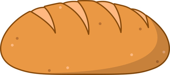 Flat cartoon-style artisanal bread loaf is floating on transparent background, showing golden crust