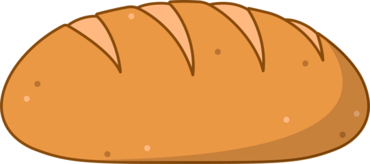 Flat cartoon-style artisanal bread loaf is floating on transparent background, showing golden crust