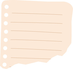 Torn beige lined paper is floating on transparent backdrop in flat design showing holes, copy space