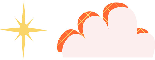 flat golden 8-pointed starburst and cloud with orange grid are floating on transparent background