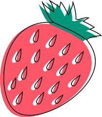 Flat cartoon strawberry is showing outline, teardrop seeds, green leaves on transparent background