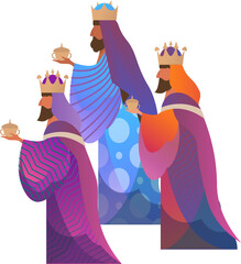Three kings are wearing crowns and holding golden vessels in flat vector on transparent backdrop