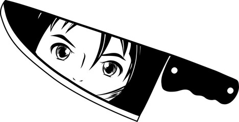 Kitchen knife is featuring silhouette design with anime girl face graphic on transparent background