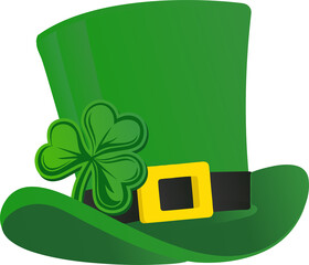 Leprechaun top hat is floating flat icon with black-band yellow-buckle shamrock on clear background