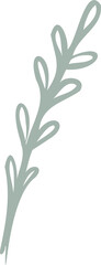 Stylized branch is bending showing leaves in flat pale green-gray on transparent canvas copy space