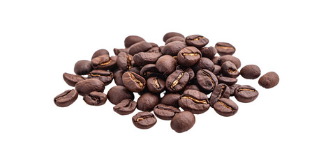 Naklejka premium Pile of aromatic roasted coffee beans on black background Closeup studio shot of coffee beans for coffee shop, cafe, and beverage concepts