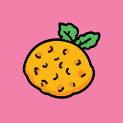 Stylized Cartoon Orange with Dark Markings and Green Leaves