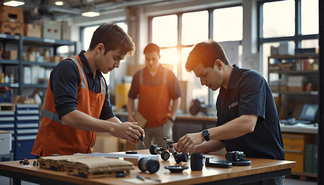 Three young technicians collaborate on electronics repair in a well-lit workshop during late afternoon hours