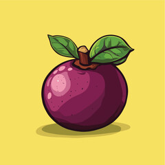 Stylized Purple Mangosteen Fruit with Green Leaves and Brown Stem Detail