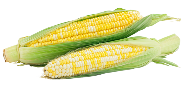 Fresh bicolor sweet corn on the cob with green husks, showcasing summer harvest and healthy eating Closeup of raw corn, a staple vegetable for cooking and grilling