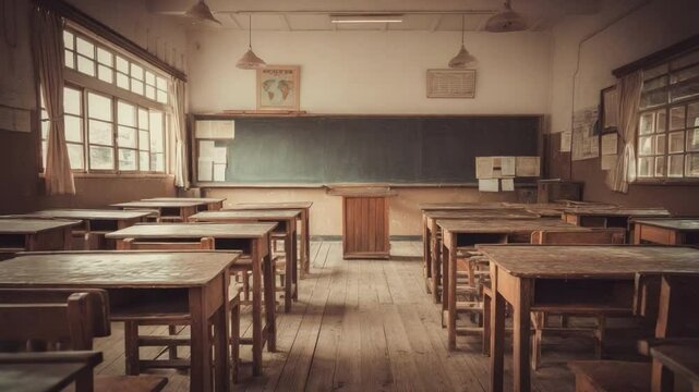 Vintage Classroom: A nostalgic view of a classic classroom, evoking memories of learning, with rows of desks, a blackboard, and natural light streaming through windows, with an atmospheric ambience.