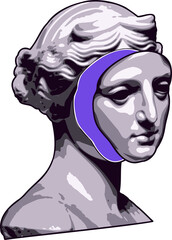 Grayscale marble bust is showing profile on transparent background, with purple crescent accent