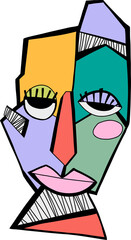 Displaying cubist face in vector art, pastel polygons and hatch shading on transparent background