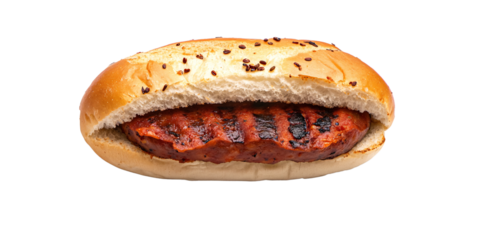 Delicious grilled chorizo sausage in a crusty roll with sesame seeds on a black background Concept of street food, fast food, and traditional Spanish cuisine