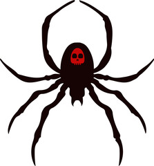 Flat design spider showing legs, red skull marking on body, transparent background, copy space