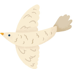 Flat design cream color bird is flying with scalloped wings and yellow beak, transparent background