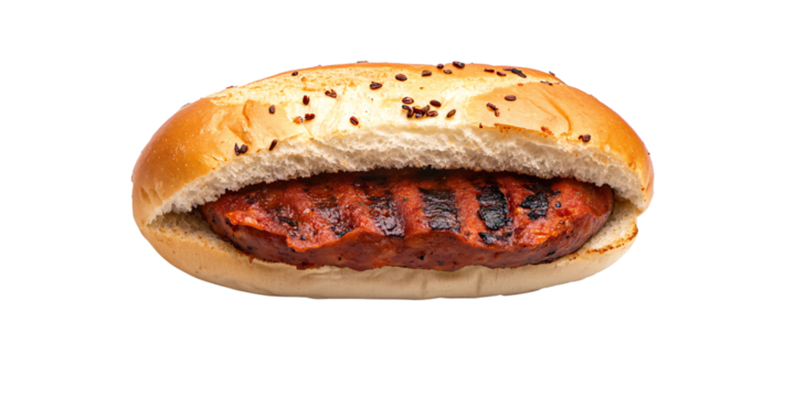Delicious grilled chorizo sausage in a crusty roll with sesame seeds on a black background Concept of street food, fast food, and traditional Spanish cuisine