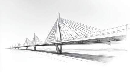 Fototapeta premium Architectural sketch of a modern cable-stayed bridge over a wide river plain