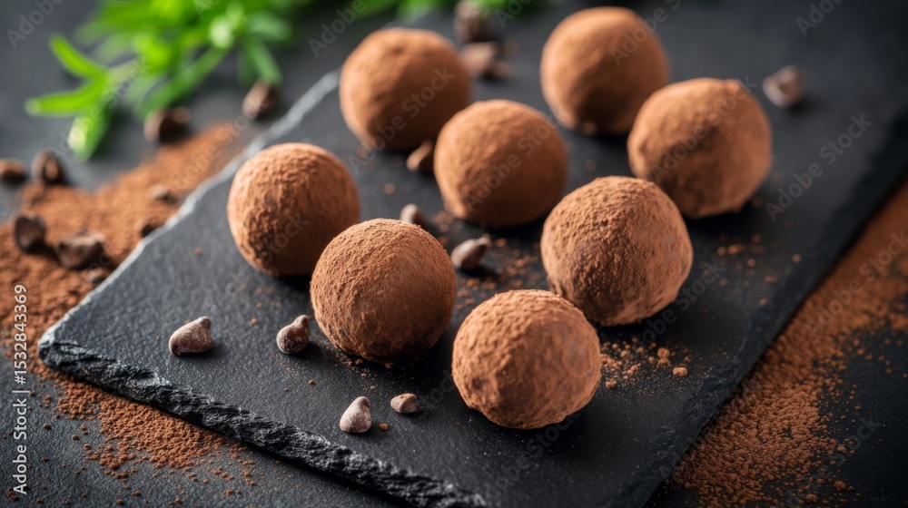 Poster chocolate truffles dusted with cocoa powder, arranged elegantly on a dark slate, rich texture and de
