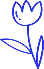 Stylized flower is using blue line art with three petals, stem  and  two leaves, transparent backgro