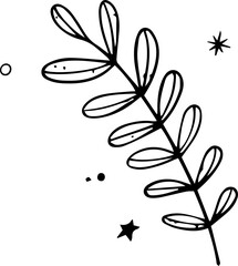 Hand-drawn leafy twig is being shown in single-color line-art, with shapes, transparent backdrop