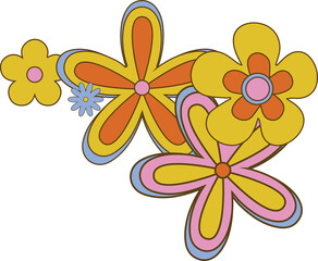 Retro flat cartoon flowers are floating on transparent background with bold outlines, copy space