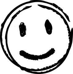 Hand-drawn smiley face doodle is floating on transparent background showing rough brush strokes