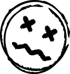Hand-drawn doodle is showing dead face with X eyes, wavy mouth in strokes, transparent background