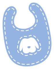 Flat design baby bib is showcasing white puppy face and dashed border on transparent background
