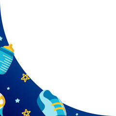 Fototapeta premium Baby-themed flat corner graphic is featuring blue curve, bottle, sneaker, stars, clear background