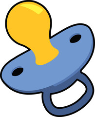 Cartoon pacifier is showing yellow nipple, blue guard, oval holes, blue handle on transparent layer