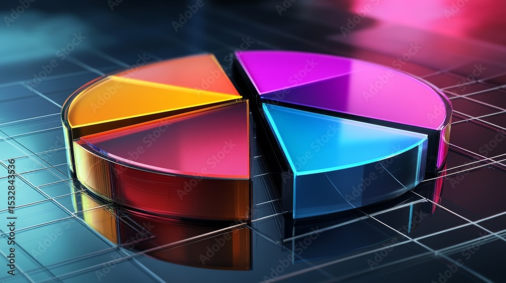Poster Circular D pie chart with transparent, gradient-filled sections, gently floating above a reflective grid plane for a futuristic touch