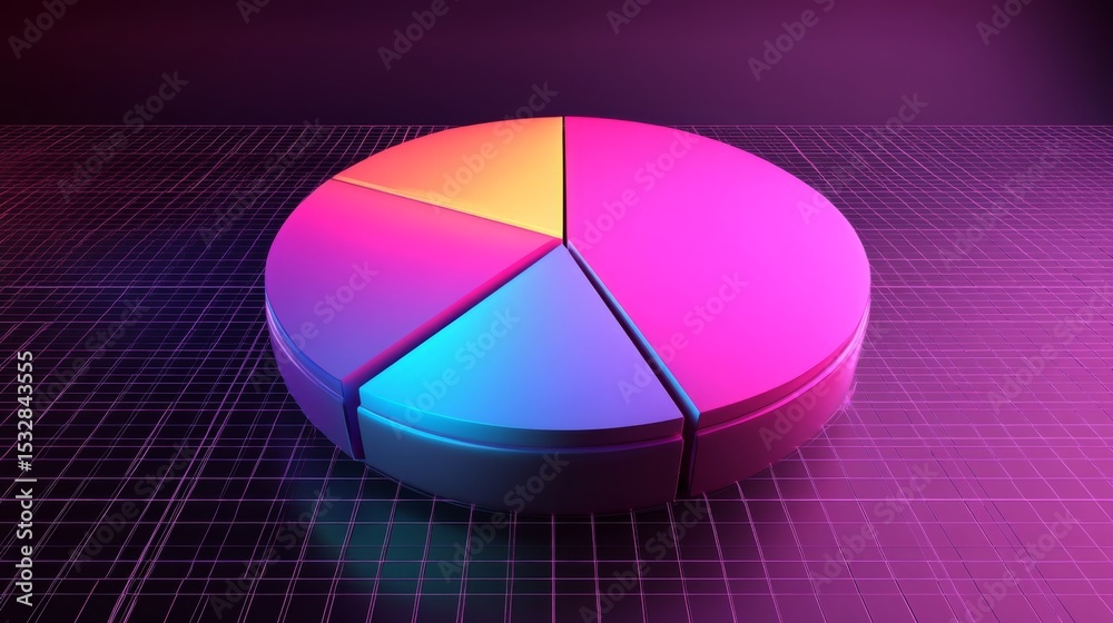 Poster Circular D pie chart with transparent, gradient-filled sections, gently floating above a reflective grid plane for a futuristic touch