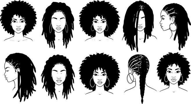 Set of female afro hairstyles. Collection of dreads and afro braids for a girl. Black and white illustration for a hairdrymaker.

