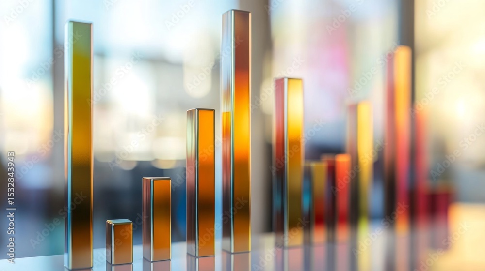 Poster close-up of a d bar chart with metallic finish bars, showing different heights and colors, on a soft