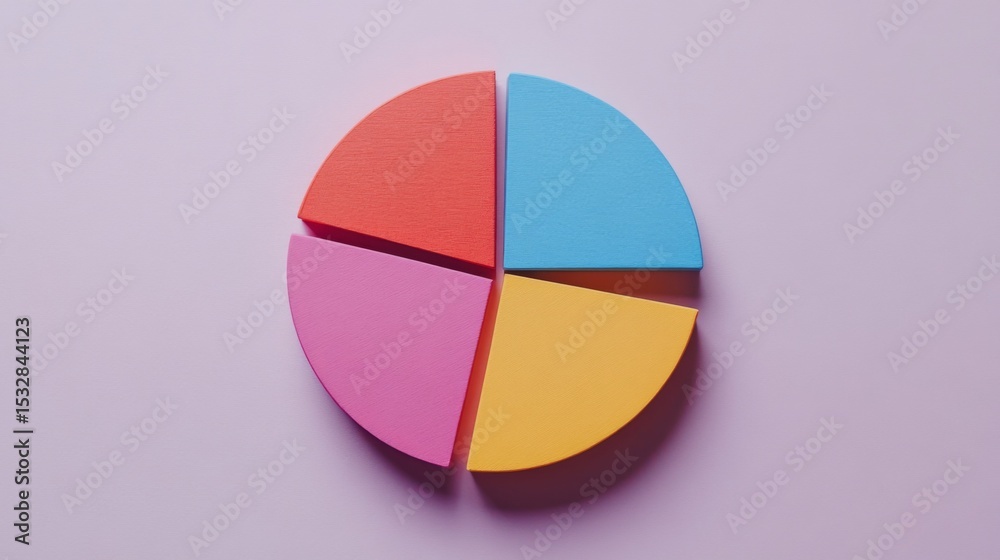 Aufkleber Close-up of a circular pie chart with distinct color sections, isolated on a light background, capturing a clean, modern data feel.