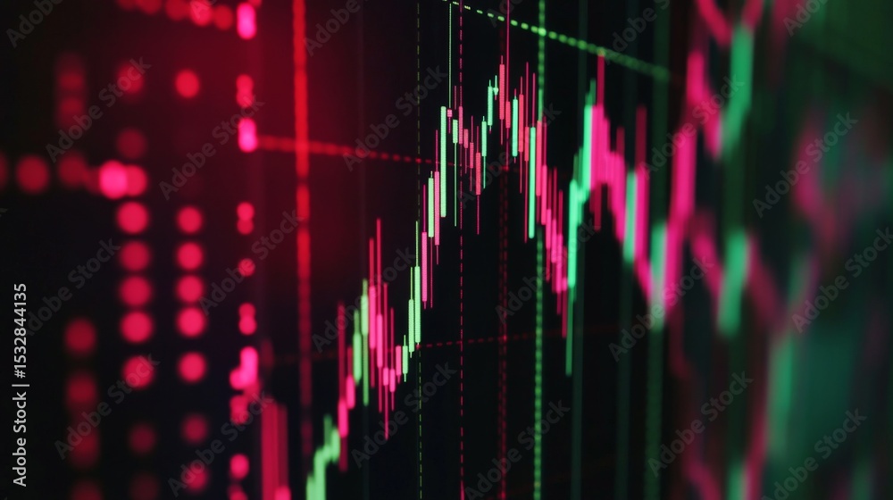Poster Close-up of a data graph with candlestick charting patterns, using vibrant reds and greens to show fluctuations against a dark background