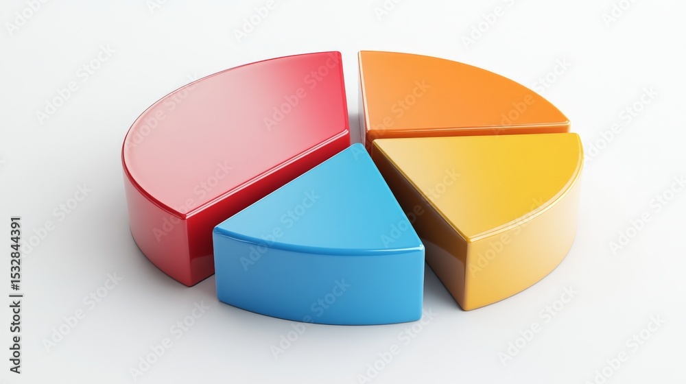 Poster close-up of a glossy d pie chart with bold colors, each segment separated to show depth, set against