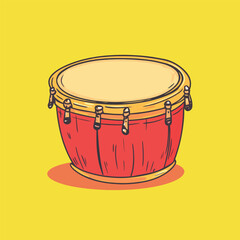 Vibrant Red HandDrawn Drum with Golden Accents