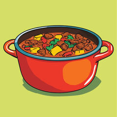 Vibrant Red Pot of Savory Stew with Yellow and Red Vegetables