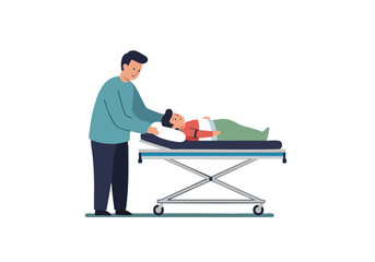 A man provides stretcher support to a patient.  Illustrative style, calming, supportive scene.  Focus on care and assistance.